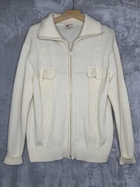 Vintage Juno Of California Sweater Womens Large White Cable Knit Zip Pockets 70